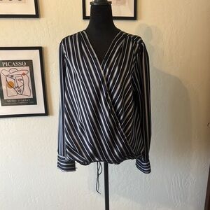 Halogen White and Blue Long Sleeve Wrap Blouse - NWOT